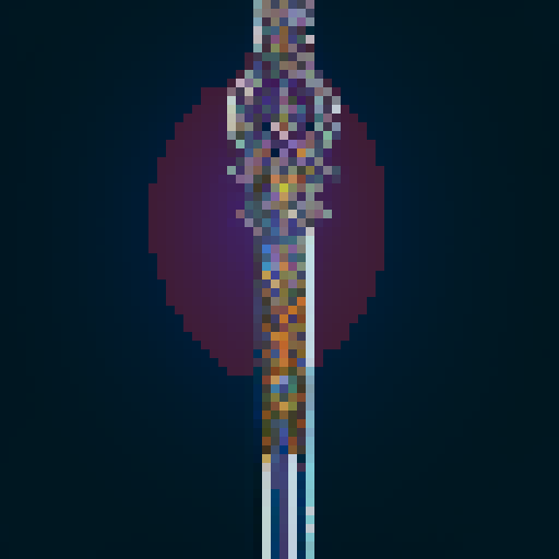 fantasy sword, glowing blue gem in the hilt, intricate silver filigree, sharp serrated edge, ethereal wisps of magic swirling around, vibrant hues of purple and gold, intricate pixel art details, ornate hilt with sparkling gemstones, mystical runes etched along the blade