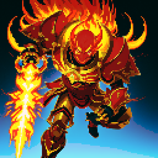 Towering and imposing, a powerful East Asian psyker from the 40K universe dons a vibrant yellow battle armor that glistens with metallic sheen His stern visage is illuminated by the depths of his psychic energy, while suspended mid-air, his palm radiates with scorching flames Bright orange and red hues flicker in his hand, forming a fiery blade, as his eyes mirror the same fiery intensity, merging his will with the flames, all in pixel art style, sRGB