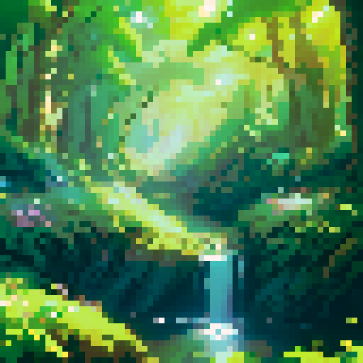 large, detailed, top-down view of a lush, enchanted forest with towering, ancient trees, vibrant foliage in various shades of green, sparkling sunlight streaming through the canopy, meandering rivers and creeks, serene, tranquil atmosphere with soft, pastel color palette, intricate pixel art details bringing the flora and fauna to life
