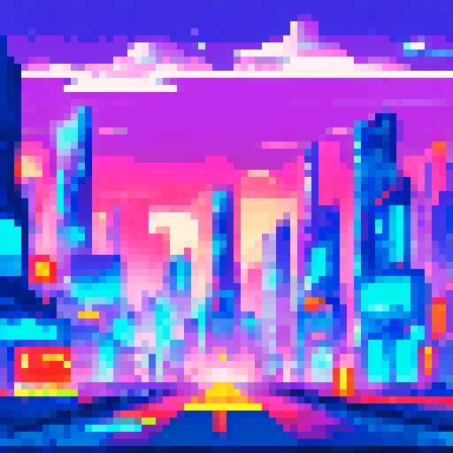 Cyberpunk tower looming over a highway, neon lights reflecting on the asphalt, a glowing sign on the building, all set against a pixel art landscape in sRGB colors