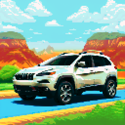 Photorealistic, centered Jeep Cherokee in a three quarter view, right wheel in front, clean background, pixel art style with sRGB colors