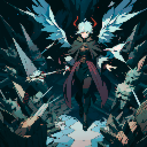 evil villain, angel with horns, wings made of broken glass shards, sharp spikes jutting from ground at feet