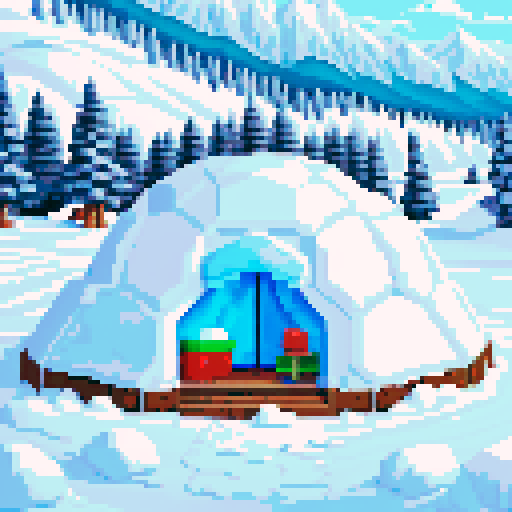 snowy mountain range, igloo, campsite, cold, pixel art, sRGB
