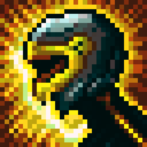 Metallic knight helmet with golden details, surrounded by fiery orange and yellow flames, in a close-up portrait style perfect for a skillful 32x32 pixel art game icon in sRGB color