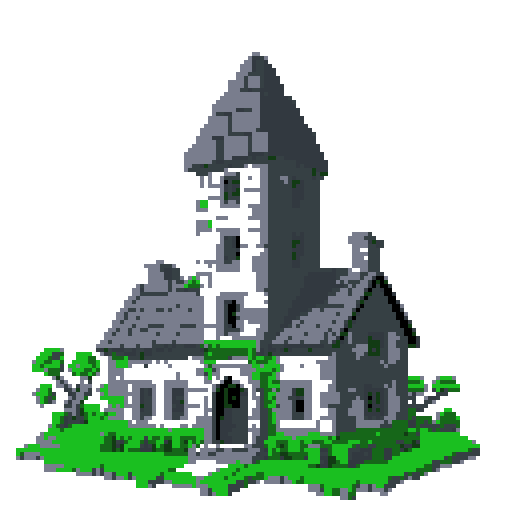 2d grey stone house in an ancient english style. Old and crumbling but still upright. Green vines crisscross it. Usable as an asset (clear, thick lines and a white background). Put a black stroke around the composition