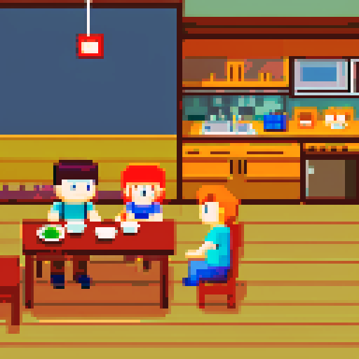 Cabin interior, table, kitchen, mother and son