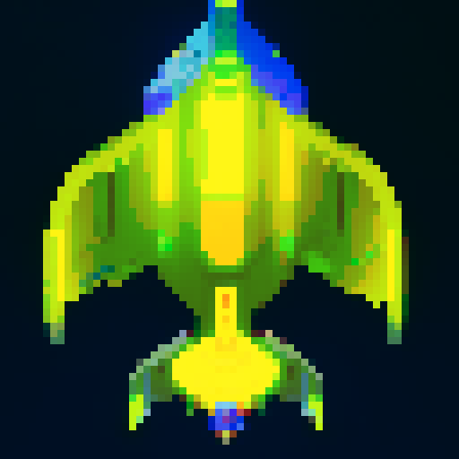 spaceship, overhead view, retro pixel art, vibrant colors, sleek design, glowing thrusters, transparent background, futuristic technology, metallic hull, intricate details, cockpit window