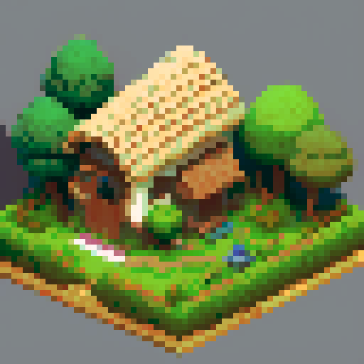 Here's a pixel art prompt for an isometric front view of a rustic wooden cottage for a game asset:

---

Draw a pixel art scene of a small rustic wooden cottage with a cozy chimney on the roof, emitting a gentle trail of smoke. The house should have a welcoming, lived-in appearance with a rough-hewn wooden structure and a thatched or shingled roof. Include a few small front windows with soft warm light glowing from within, a wooden door, and maybe a small porch. Add subtle details, like a stone 