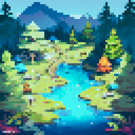 moss-covered trees, towering pines, ethereal mist, serene lake, vibrant autumn colors, sunrays filtering through the canopy, a lone deer grazing, a hidden path in dappled light, majestic mountains in the distance, a tranquil clearing surrounded by wildflowers