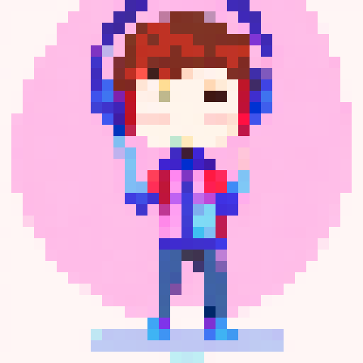 Chibi boy with rosy cheeks, wearing large headphones and a huge puffy jacket, looking from a highly detailed first person point of view, indie game style avatar