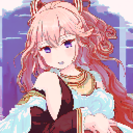 Yae miko, with flowing ribbons in her hair and a serene smile on her face, gazes out from atop a pixelated, pastel pink hill, surrounded by a sea of cherry blossoms and framed by a sweeping, golden sun