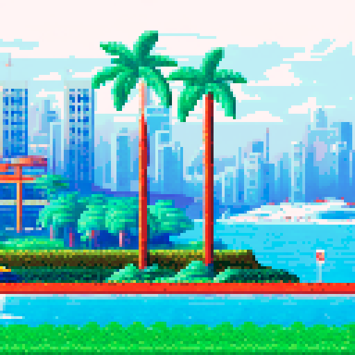 Zooming past the Monte Carlo harbor, a sleek, red Formula One race car, surrounded by palm trees and towering skyscrapers, speeds towards the finish line, rendered in pixel art with a muted, sRGB color palette creating a breathtaking Monaco grand prix landscape