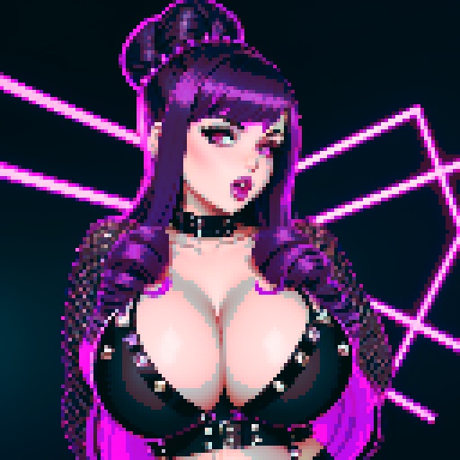 thicc, curvy, seductive busty goth babe with studded collar, long purple hair in buns, fishnet stockings, orgasmic aroused nude big titty goth in a nude sexy pose, exposed body. neon signage, pixel art, sRGB