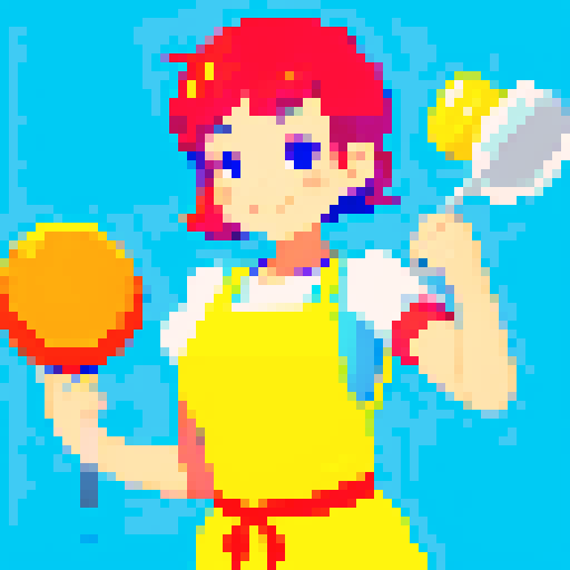 Cute, vibrant, playful chef, apron, juggling utensils, pixel art, colorful, solid background, sRGB