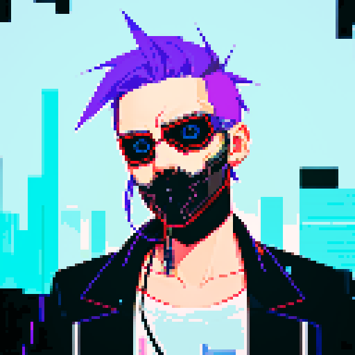 Cyberpunk hacker with neon hair, wielding futuristic swords in a dystopian cityscape, surrounded by glitching pixel art billboards