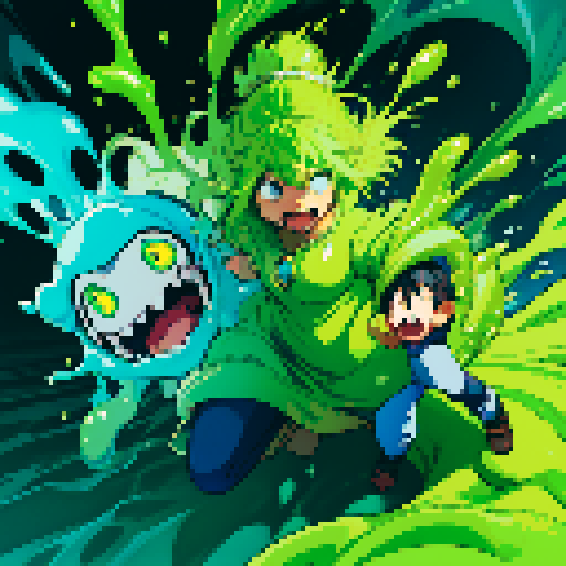 slime surging up around someone, slime engulfing a hero, slime consuming a hero, hero getting engulfed by slime, slime attack, dynamic, slime slamming into someone, impact, splashing slime, full-body image, full-body art