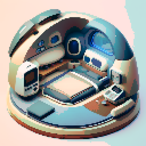 The interior of a small, rounded spaceship from a flat side view. A small, rounded spaceship interior with smooth, curved walls and large windows in the back showing space. In the center is a cryo-pod with a sleeping human inside. A screen on the side and a control panel