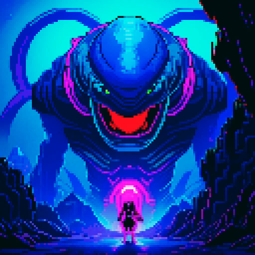 Monster, Alien, vibrant colors, retro video game, pixelated, futuristic technology, glowing eyes, sharp claws, otherworldly landscape, neon lights, 8-bit aesthetic, menacing presence, distorted shapes, explosive energy, dramatic shadows, immersive environment