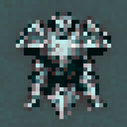 Shining silver pauldrons, emblazoned with a golden sun, sit atop a suit of jet black armor, adorned with intricate etchings of mythical creatures, all depicted in a 32x32 pixel art style fit for a game asset, with vivid sRGB colors that bring the armor to life