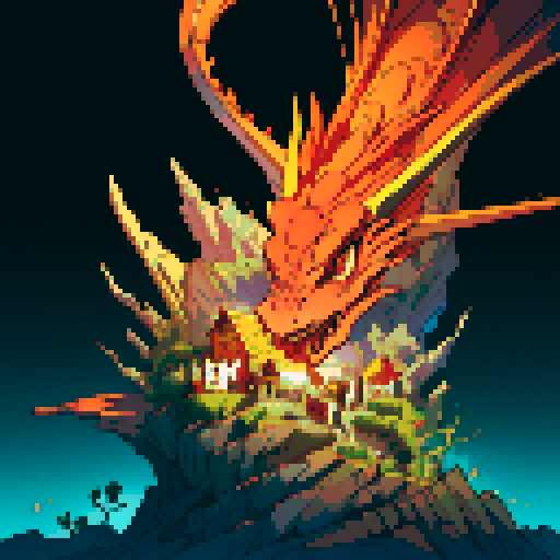 fire dragon with shimmering red scales, hoard of gold coins glimmering in the background, dragon leisurely lounging on top of a massive pile of gold coins, dragon's majestic form taking up the full canvas with intricate pixel art details in a vibrant sRGB color palette, cavern backdrop, cavern background