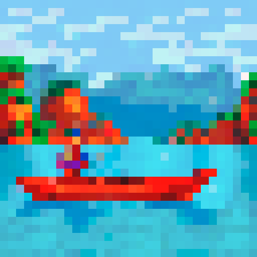 Fishing man on pixelated boat, surrounded by serene sRGB lake with mountainous background