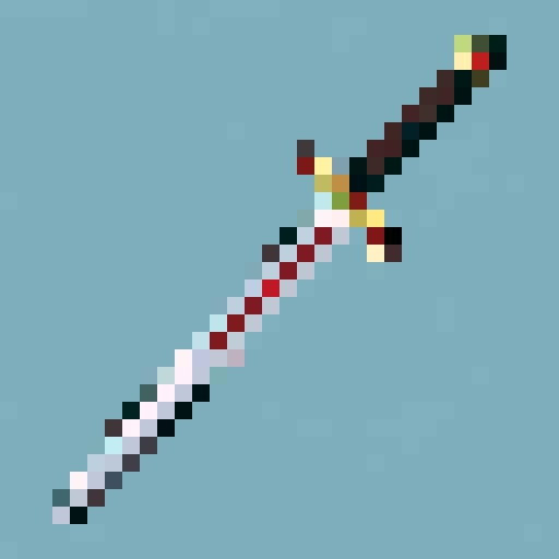 a sword with a wooden hilt, silver blade, and golden edge