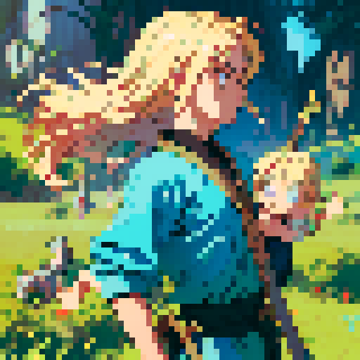Create a detailed pixel art sprite sheet, a character that will be based on the paraguayan myth Jasy Jatere. he is a blonde boy with long hair and bright blue eyes and carries a snake headed staff. Each sprite should be contained within a box. The sheet should contain the following character actions: frames of a side-view idle, frames of a side-view running, 4 frames of side-view jumping, 5 frames of side-view throwing a spear, 5 frames of a side-view