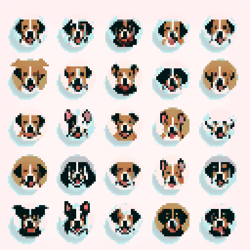 clean pixel art, 36 circles containing dog faces 