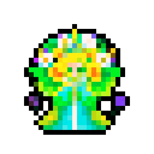 A regal, majestic creature with a crown of flowers, large wings, and a gown made of petals. It has a commanding presence and glowing eyes, radiating an aura of elegance and authority. No background.
