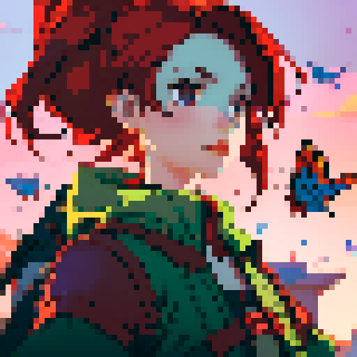 girl with red hair and red butterflies flying around her