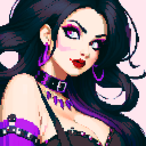 curvy, cute busty goth woman's face, whole head portrait, black hair, purple eyeshadow, red lipstick, low cut black halter top, studded collar, vibrant sRGB colors, pixel art, edgy aesthetic.