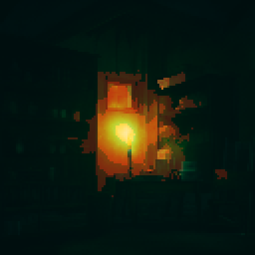 Inside an abandoned house, night time, candle light, big shelf