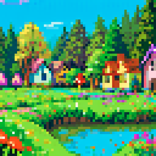 pixel art map, tall vibrant trees, whimsical mushrooms, cozy houses, colorful flowers, sRGB, vibrant colors, detailed sprites, retro gaming vibes, pixelated landscapes, enchanting atmosphere, immersive world, nostalgic art style, charming scenery, intricate designs, lively flora and fauna, 8-bit aesthetic, game map