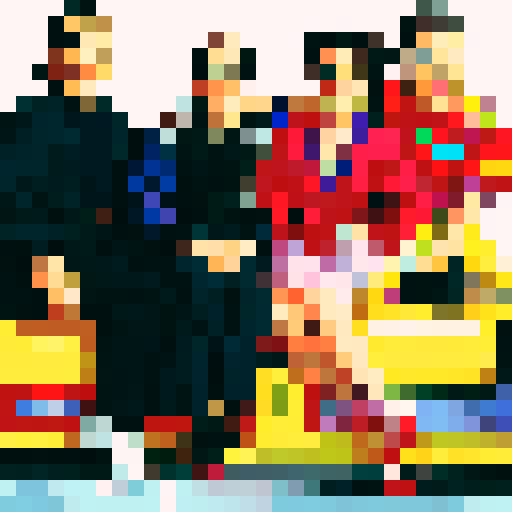 seinfeld cast, vibrant colors, pixelated characters, iconic hairstyles, quirky expressions, retro TV set, New York City backdrop, 90s fashion, sitcom humor, energetic poses, pixel art, sRGB