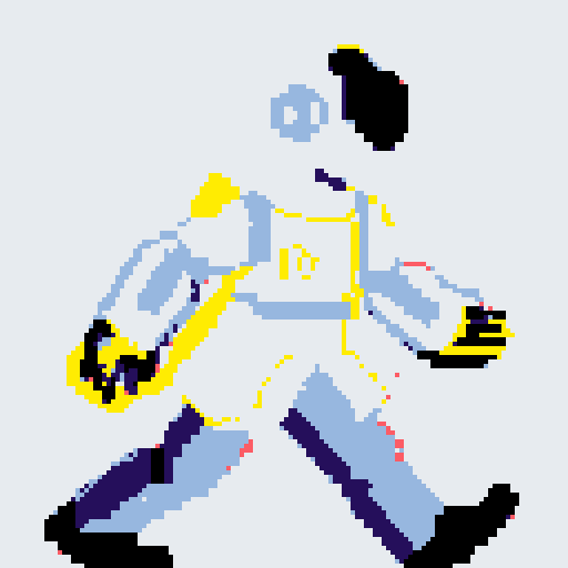 cyberpunk space trader sprite, pixel art, futuristic design, cybernetic arm with intricate detailing, glowing yellow-orange visor over the eyes, trench coat with glowing lines, white, blue and teal color palette with neon pink accent, yellow visor tint, distinct sci-fi aesthetic, confident posture, mid-step left first, left left bent and raised, arms extended, pixel art, sRGB