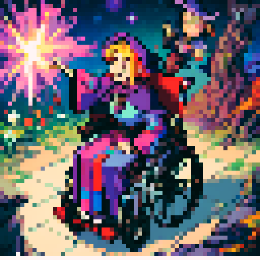 Wheelchair bound witch, colorful, whimsical, casting spells, surrounded by pixelated stars, vibrant sRGB hues, pixel art
