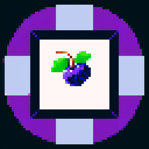 blueberry art frame, purple, pixelated fruits in vibrant colors, void inside, dark background, sRGB