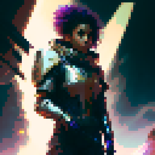 Radiant in her gleaming armor, a space warrior charges forward on a mission with her massive, shining lance, ready to face any otherworldly foe in a fantastical RPG universe