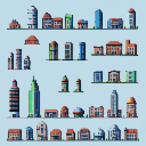sheet of examples of different buildings, front view, minimalistic, pixel art, ARNE32
