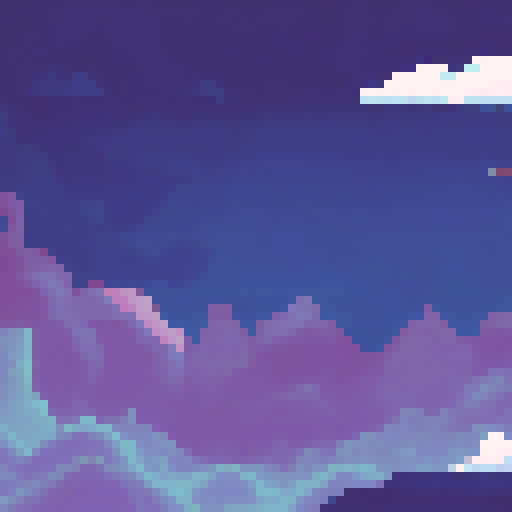 Can you generate a pixel art which resumes the following:

Once upon a time, in the mystical realm of Nephelia, where the skies were painted with hues of azure and clouds drifted peacefully, there lived a cute yet valiant creature known as Clood. Clood was not just any ordinary turtle; he was a guardian of the clouds, a protector of data, and a symbol of resilience against the forces of darkness.