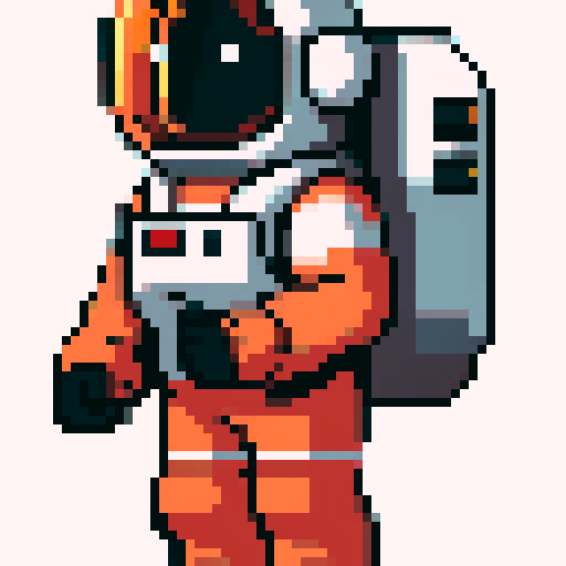 Pixel art of a astronaut in a white spacesuit, standing upright, retro-style 16-bit, 32x32, simple design for a space survival game, white color with black visor, no background, transparent edges.
