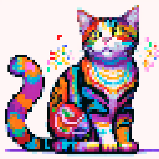 sitting, very colorful cat, with dots, flowers, patterns, white background
