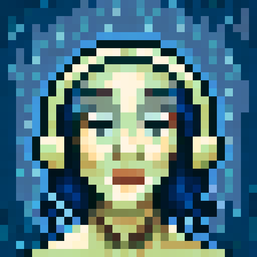 woman, dark hair, shoulder length, blue palette, close up, looking at camera, game icon, 32x32 pixel art, sRGB, skill art