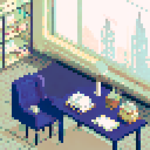 president office, elegant desk, leather chair, vintage typewriter, stack of official documents, golden pen, framed landscape painting, tall bookshelf, dimly lit desk lamp, large window with cityscape view, pixelated art, 2.5d