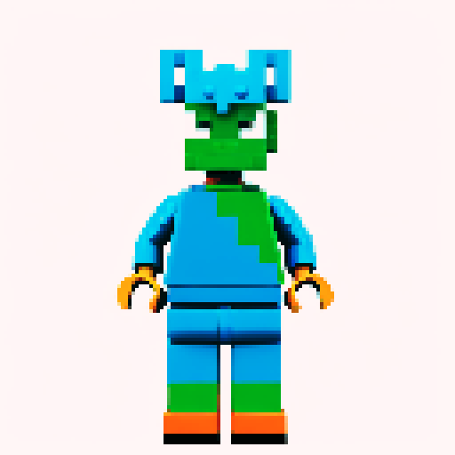 lego pixel, vibrant colors, blocky shapes, small plastic bricks, isometric perspective, retro video game, low resolution, 8-bit graphics, sharp edges, square grid, limited color palette, nostalgic feel, brick-built characters, iconic lego logo, digital recreation, detailed textures, crisp lines, simplified forms, nostalgic gaming vibes rainbow color body 