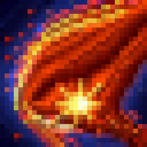 Fiery Pyroblast raining down, scorching everything in its path, depicted in pixel art style with vibrant reds and oranges.