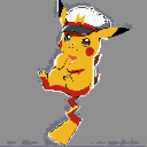 Create an image of Captain Pikachu standing balanced on his tail, showcasing agility. He wears a captain's hat tilted slightly forward over his narrowed eyes. A subtle smirk is on his face. Electric sparks crackle around his cheeks and tail. Focus on his physical details: the hat, the smirk, the tail-standing pose, and the electric sparks.