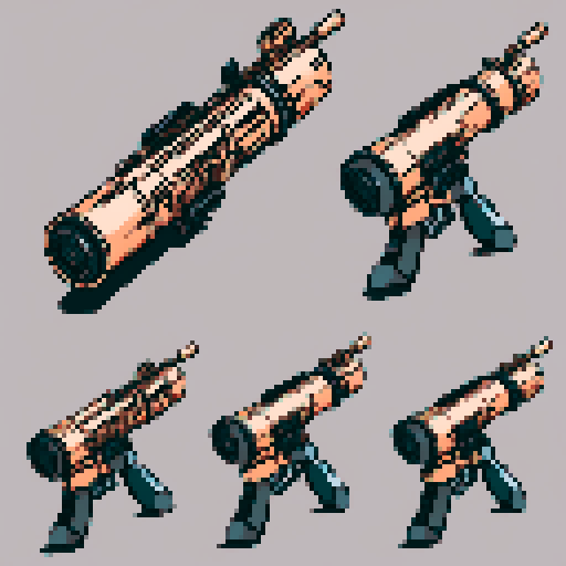 I want a big copper minigun viewed from from the side. It should not be on a stand buy instead floating in the center of the frame. It should have strange mechanical details that could interlock with others. I want this object usable an asset in a videogame, meaning only one object per image, outlined with a strong black stroke, on a solid-color background. 