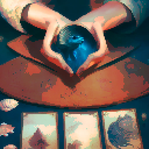 A close-up of a woman's hands over a table during a tarot card reading in a medieval dark style. The table is adorned with elements of the ocean such as sea shells, sand, and small pieces of coral. The atmosphere is mystical and dimly lit, with candlelight casting shadows that enhance the eerie and magical mood. The woman's hands are gracefully poised over the cards, which also have oceanic designs like waves and mermaids.