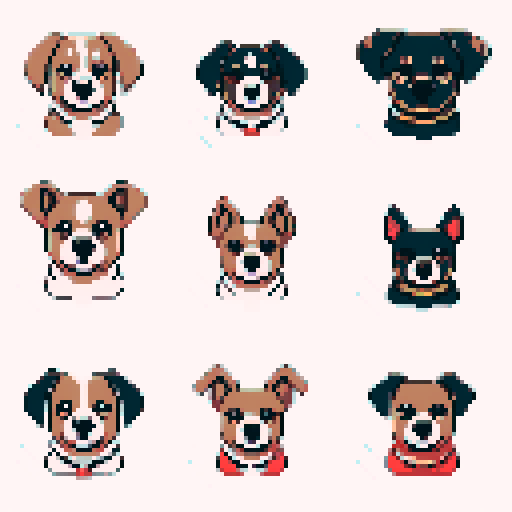 clean pixel art, dog faces 8-bit